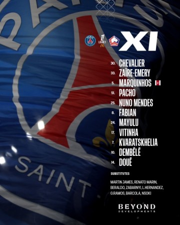 电竞赛事直播-巴黎VS里尔首发：登贝莱、维蒂尼亚领衔，杜埃、K77、门德斯出战